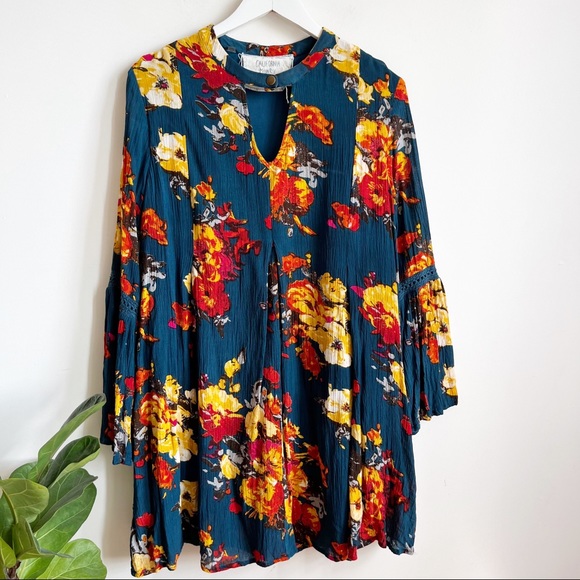 California Moonrise Mini Dress Tunic Size M Boho Floral Print Multicolor - Picture 3 of 14